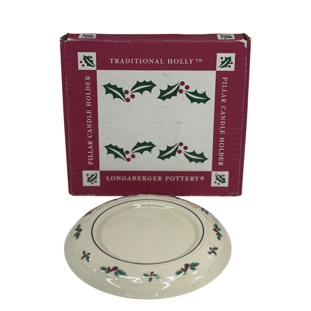 Longaberger Pottery Pillar Candle Holder Traditional Holly Ivory Green Red Box